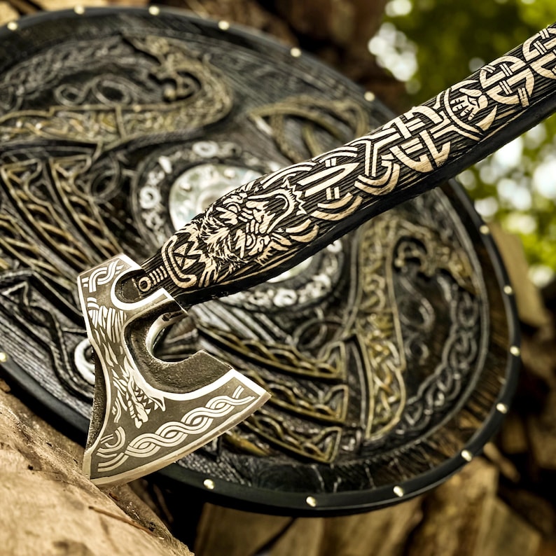 Custom Viking Shield & Axe Set | Handmade Viking Round Shield | Viking Axe With Carved Handle,