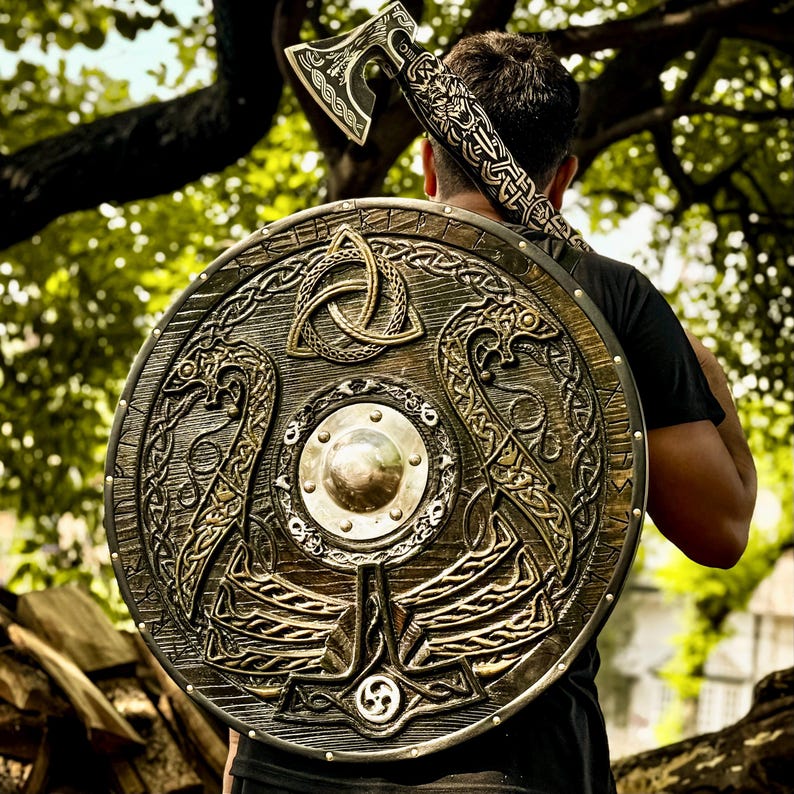 Custom Viking Shield & Axe Set | Handmade Viking Round Shield | Viking Axe With Carved Handle,