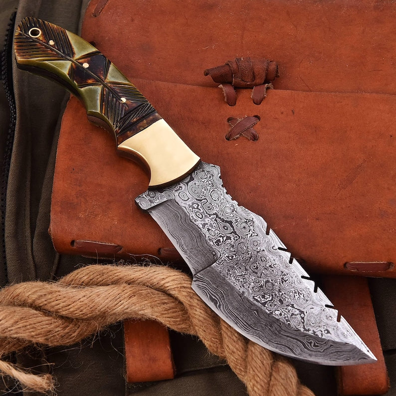 11" Damascus Steel Full Tang Tracker Knife with leather cover | Best Anniversary Gifts