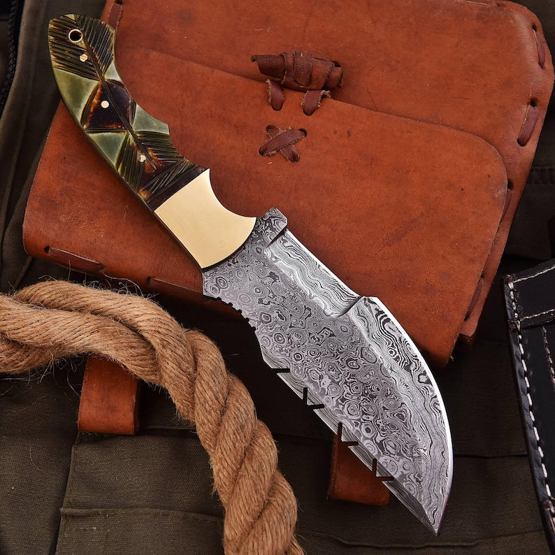 11" Damascus Steel Full Tang Tracker Knife with leather cover | Best Anniversary Gifts