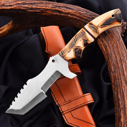 Handmade 11" Damascus Steel Full Tang Tracker Knife with leather cover | Best Wedding Gifts