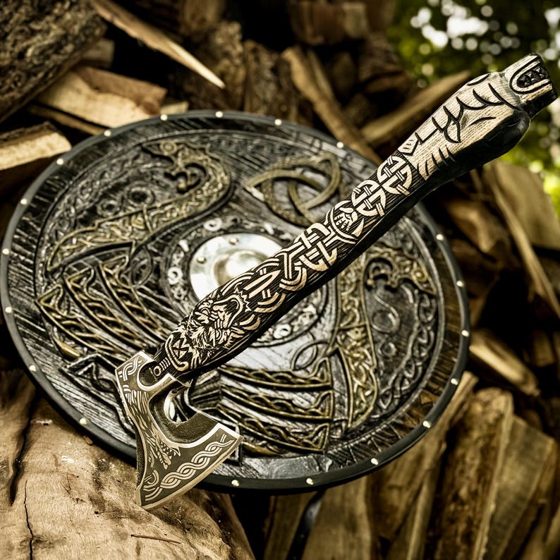 Custom Viking Shield & Axe Set | Handmade Viking Round Shield | Viking Axe With Carved Handle,