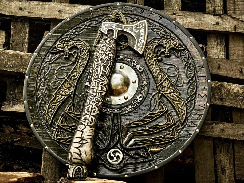 Custom Viking Shield & Axe Set | Handmade Viking Round Shield | Viking Axe With Carved Handle,