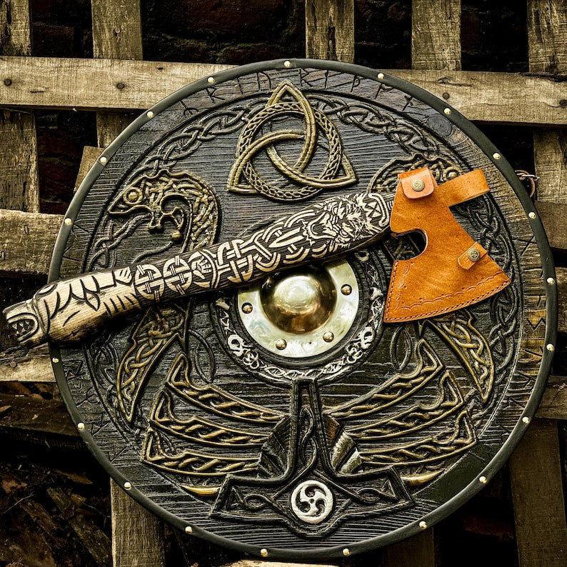 Custom Viking Shield & Axe Set | Handmade Viking Round Shield | Viking Axe With Carved Handle,