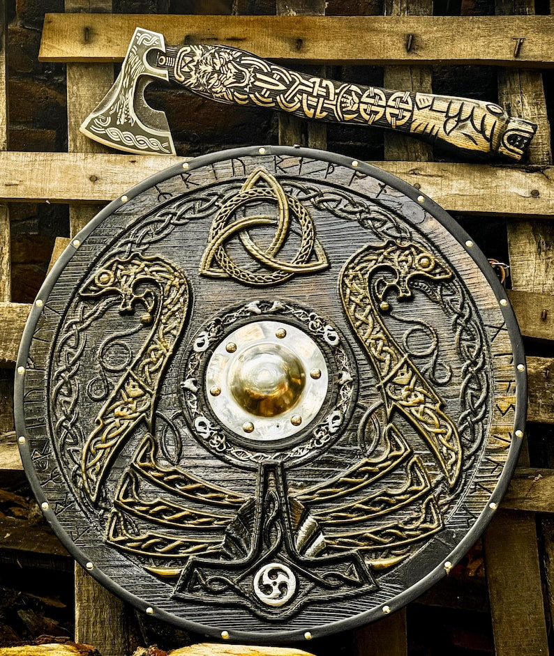 Custom Viking Shield & Axe Set | Handmade Viking Round Shield | Viking Axe With Carved Handle,