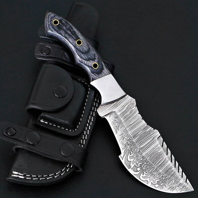 Personalized Damascus Steel Hunting Knife Full Tang Black Pakka Wood Handle Leather Sheath, Gift for Him