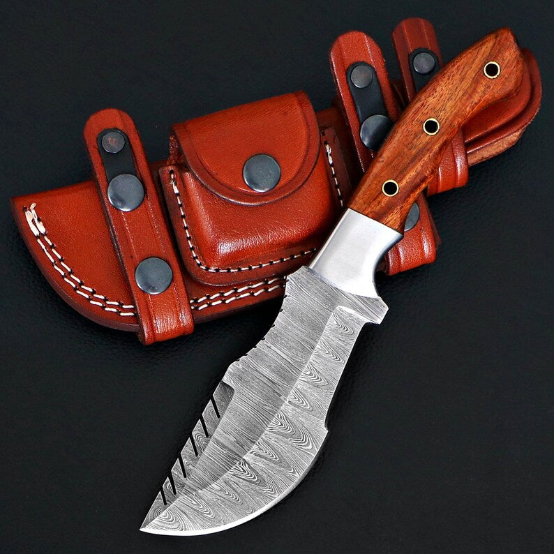 Premium Damascus Steel Hunting Knife Full Tang Rose Wood Handle Leather Sheath Included