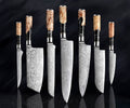 Japanese chef knife set forged from 67-layer Damascus steel with razor sharp blades and traditional ergonomic handles
