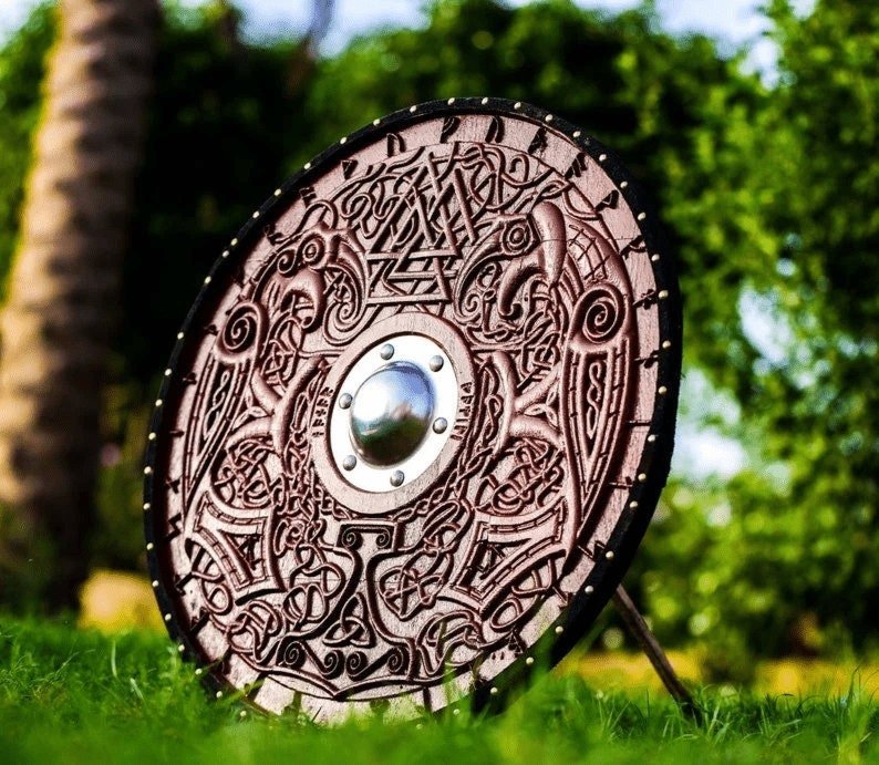 Handmade wooden Viking shield with engraved Norse design, medieval round shield for decor and cosplay by Viking Hills
