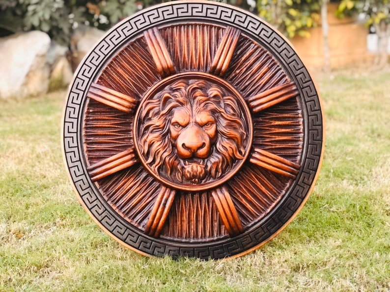 Handmade wooden Viking shield with engraved Norse design, medieval round shield for decor and cosplay by Viking Hills
