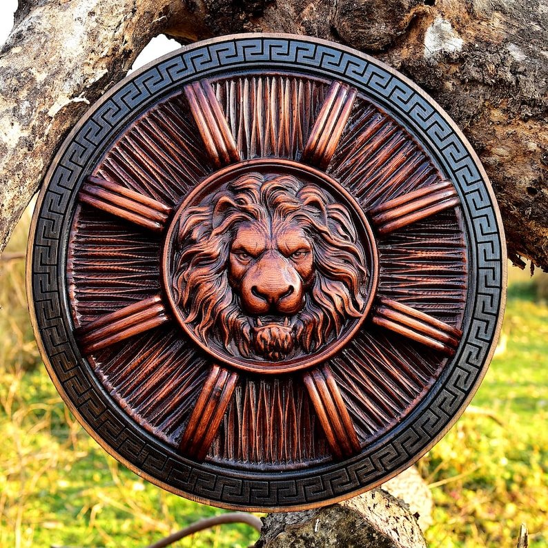 Handmade wooden Viking shield with engraved Norse design, medieval round shield for decor and cosplay by Viking Hills
