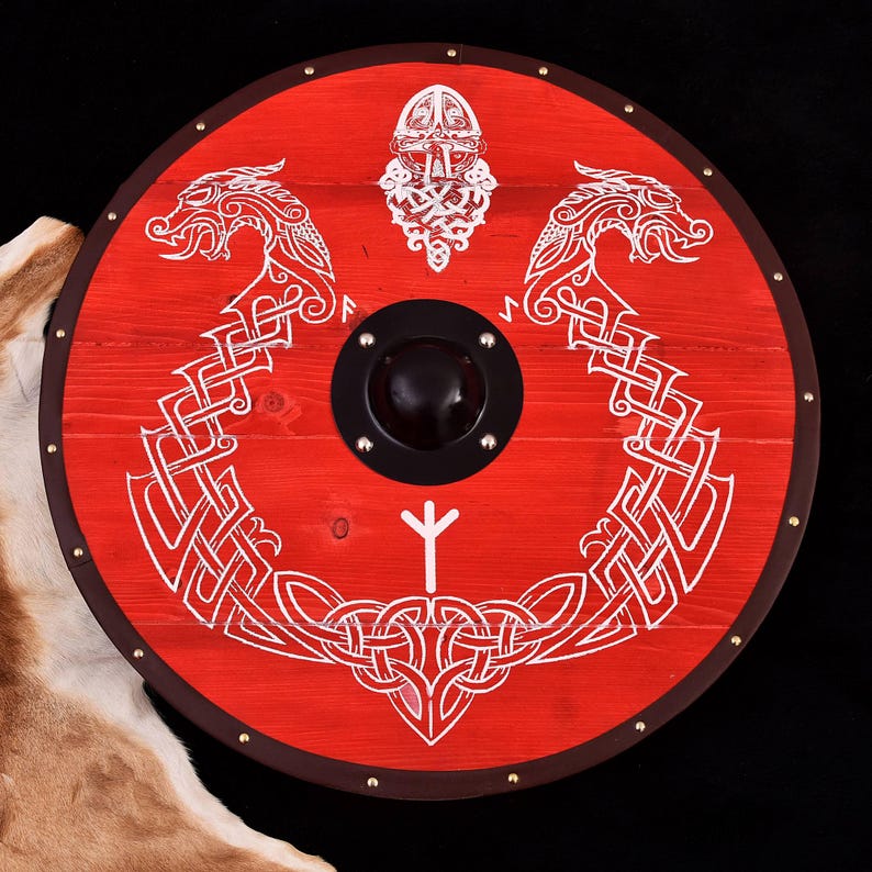 Handmade wooden Viking shield with engraved Norse design, medieval round shield for decor and cosplay by Viking Hills

