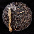 Handmade wooden Viking shield with engraved Norse design axe, medieval round shield for decor and cosplay by Viking Hills
