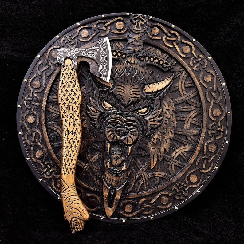 Handmade wooden Viking shield with engraved Norse design axe, medieval round shield for decor and cosplay by Viking Hills
