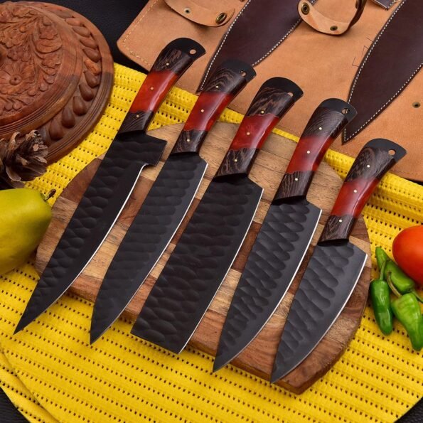 Corban steel 5-piece chef knife set with patterned steel blades and ergonomic handles for professional kitchen use by Viking Hills
