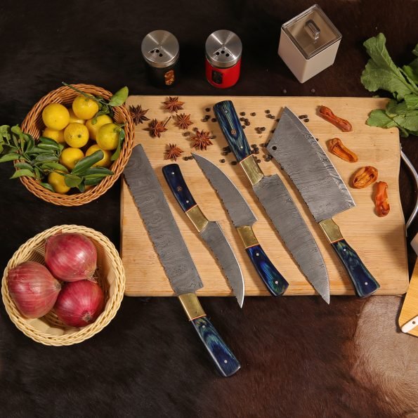 Damascus 5-piece chef knife set with patterned steel blades and ergonomic handles for professional kitchen use by Viking Hills
