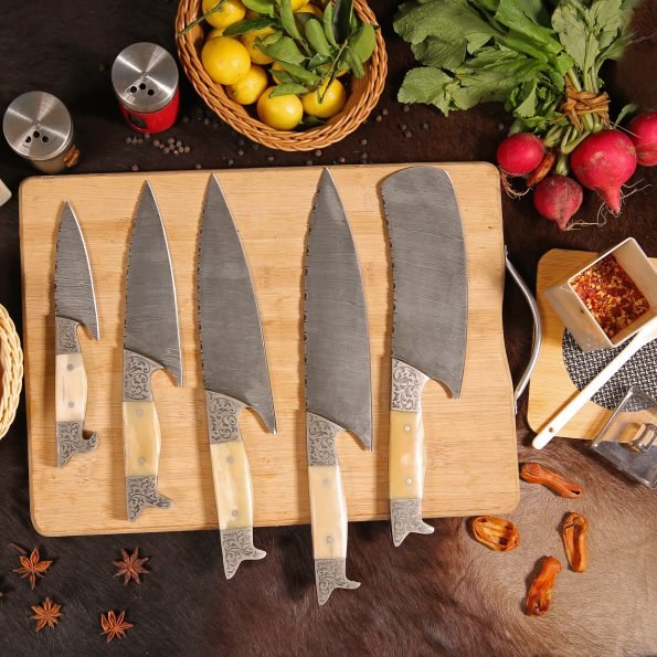 Damascus 5-piece chef knife set with patterned steel blades and ergonomic handles for professional kitchen use by Viking Hills
