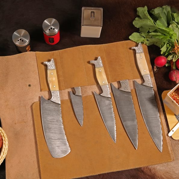 Personalised Damascus Steel Chef set  With Leather Sheath - Best Wedding gifts