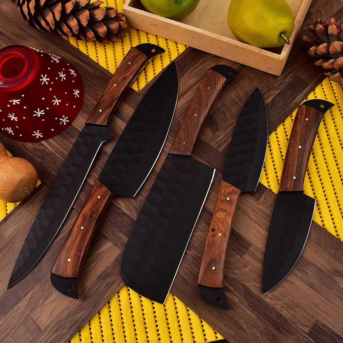 corban steel 5-piece chef knife set with patterned steel blades and ergonomic handles for professional kitchen use by Viking Hills
