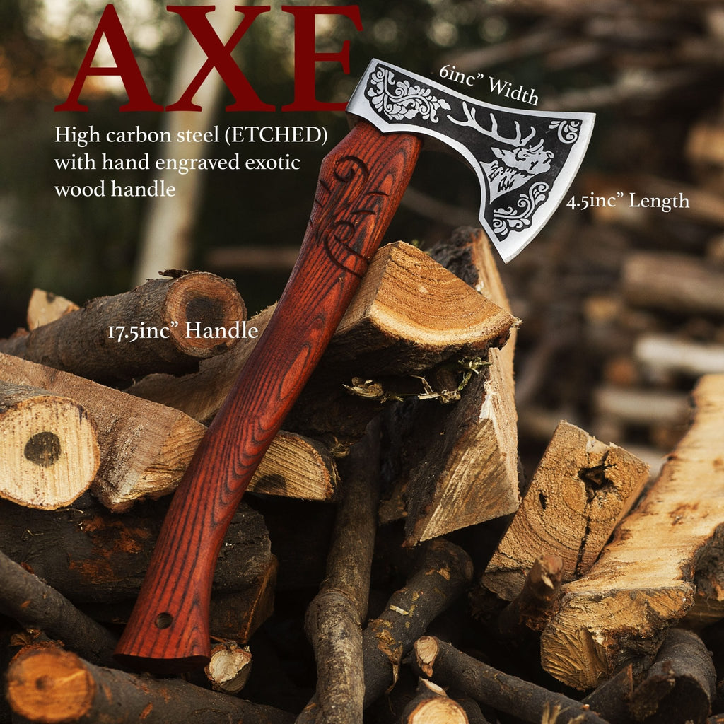 A personalised steel axe with a red and black handle, a carbon steel blade, and an engraved pattern on the axe head, displayed with its wooden handle and a pile of wood in the background.
