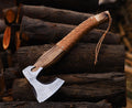 A personalized Viking axe with a wooden handle and a leather cover, featuring a patterned steel head.