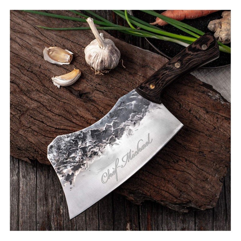 Fully handmade cleaver knife with sharp high carbon steel blade and strong full tang design for heavy duty use
