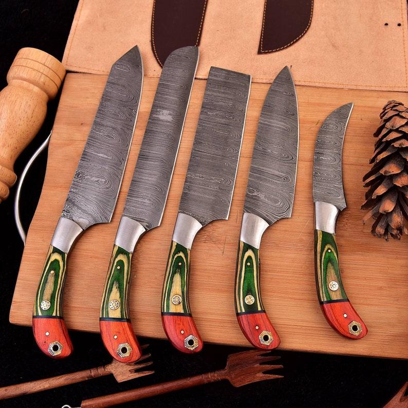 Damascus 5-piece chef knife set with patterned steel blades and ergonomic handles for professional kitchen use by Viking Hills
