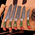 Damascus 5-piece chef knife set with patterned steel blades and ergonomic handles for professional kitchen use by Viking Hills
