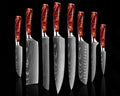Japanese chef knife set forged from 67-layer Damascus steel with razor sharp blades and traditional ergonomic handles
