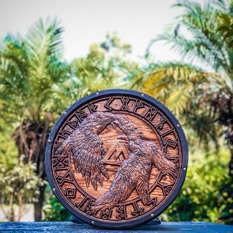 Handmade wooden Viking shield with engraved Norse design, medieval round shield for decor and cosplay by Viking Hills
