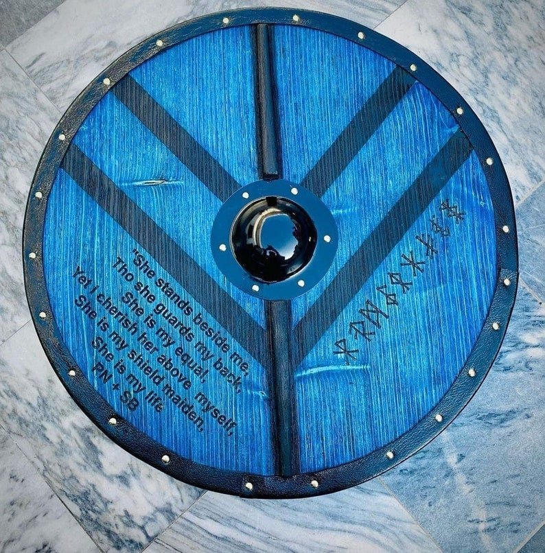 Handmade wooden Viking shield with engraved Norse design, medieval round shield for decor and cosplay by Viking Hills
