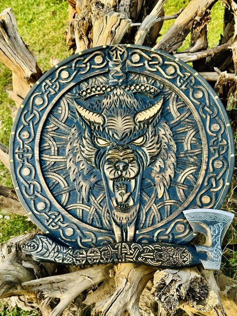 Handmade wooden Viking shield with engraved Norse design, medieval round shield for decor and cosplay by Viking Hills
