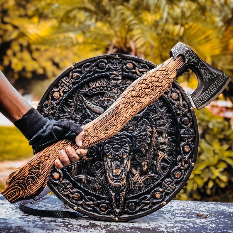 Handmade wooden Viking shield with engraved Norse design axe, medieval round shield for decor and cosplay by Viking Hills
